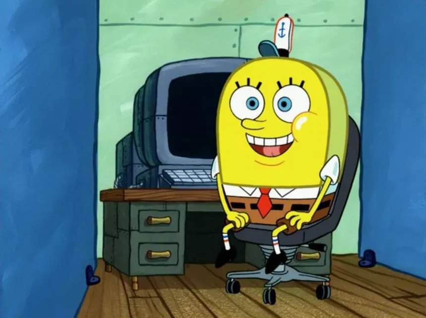 Frame from Spongebob Squarepants where Spongebob is plain, round, and has no holes