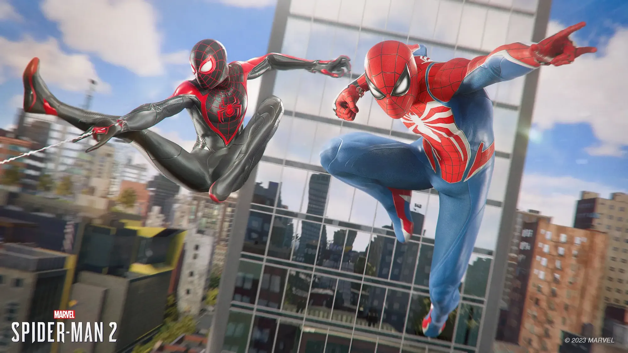 An image of Peter Spider-Man and Miles Spider-Man swinging through New York City