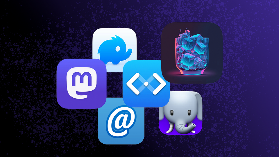 A cluster of 6 app icons, including Mastodon, ThinkSocial, Mammoth, Ivory, and Ice Cubes